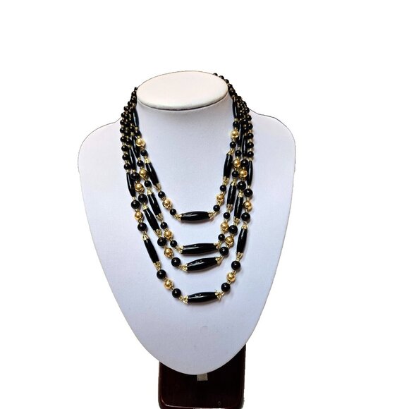 Vintage quadruple strand Black Agate and Gold beaded Made in Japan Necklace 1940 - Picture 7 of 7